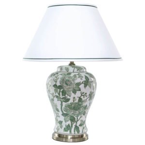 GREEN FLOWER JAR LAMP/WHITE SHADE 69CM