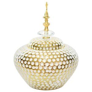GOLD/WHITE DOT JAR/LID 24CM