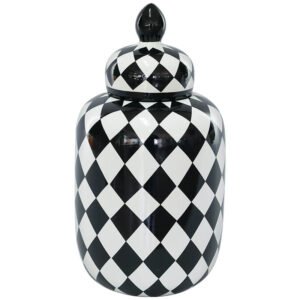BLACK/WHITE CHECK JAR/LID 34CM