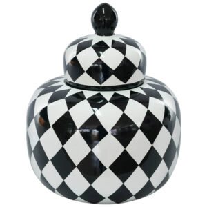 BLACK/WHITE CHECK JAR/LID 26CM