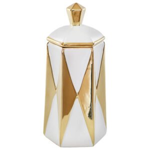 GOLD/WHITE ARROW JAR/LID 32CM
