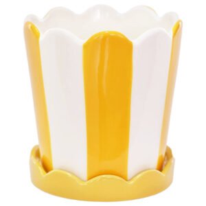 YELLOW/WHITE SCALLOPED POT 14CM
