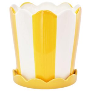 YELLOW/WHITE SCALLOPED POT 17CM