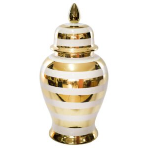 GOLD/WHITE STRIPE JAR/LID 40CM